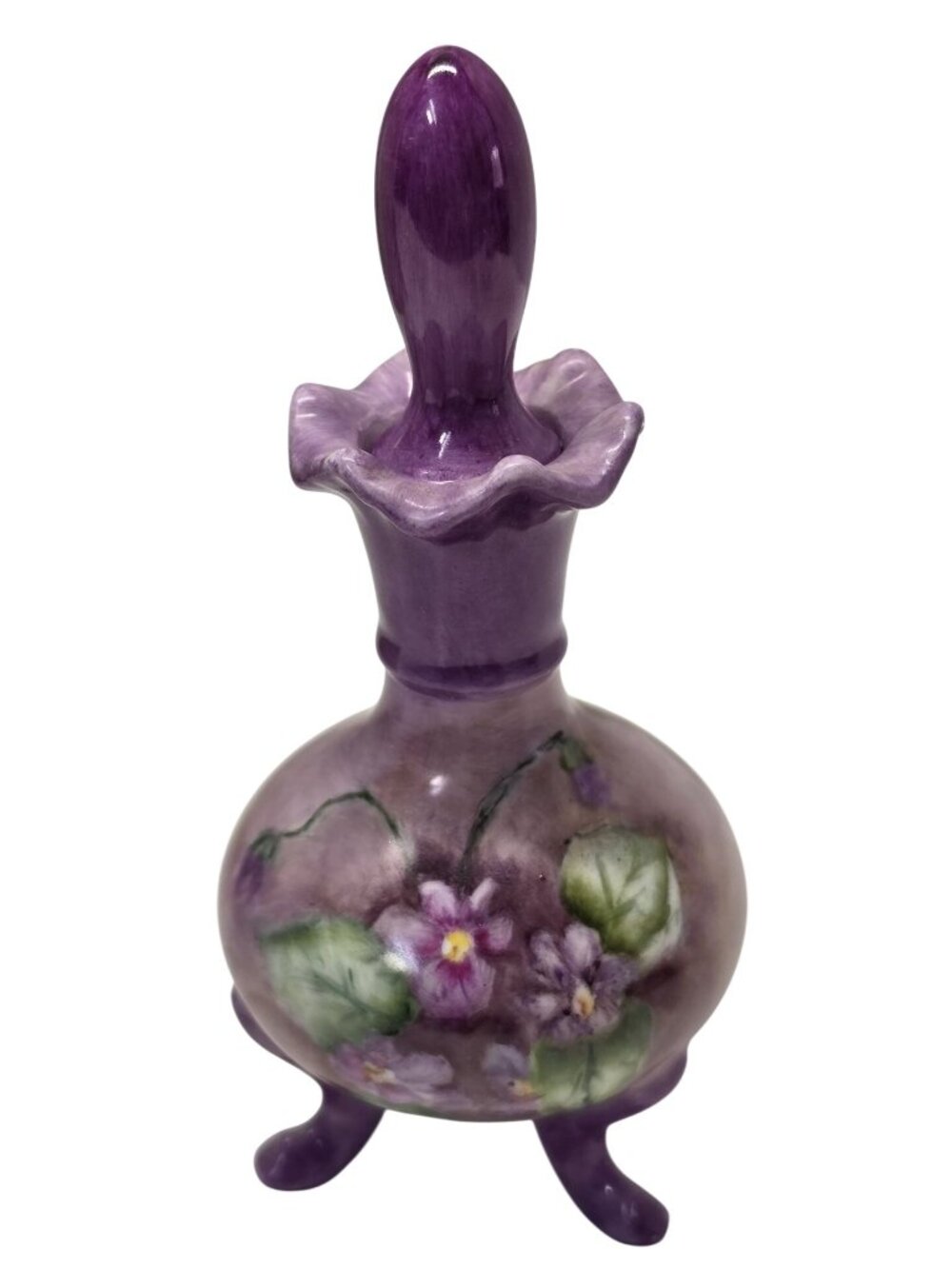 Vintage Hand Painted Porcelain Perfume Bottle Stopper Purple Floral Tripod Chen